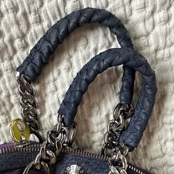 Henri Bendel Purple satin bag with Navy Blue and silver accents - Picture 11 of 16